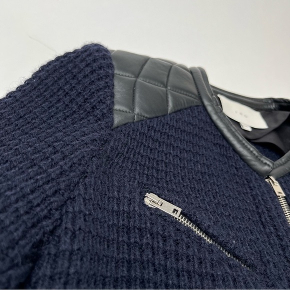 IRO Ceylona Navy Blue Waffle Pattern Knit Black Quilted Leather Edgy Zip Blazer - Picture 6 of 15